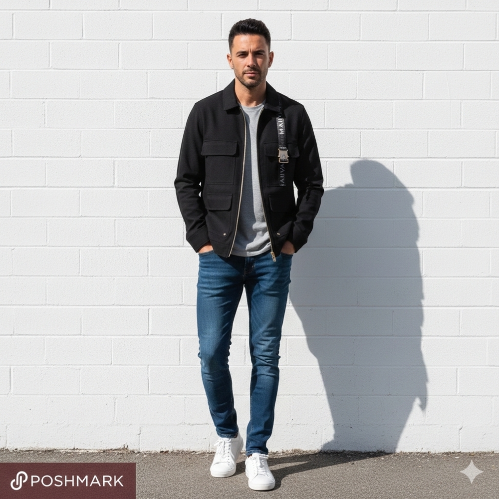 MAUVAIS Black Buckle Strap Utility Cargo Jacket